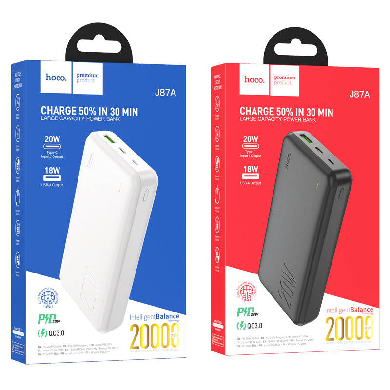 J87A Tacker Large Capacity Power Bank PD20W+QC3.0 20000mAh (Black, White Color) - hocotech