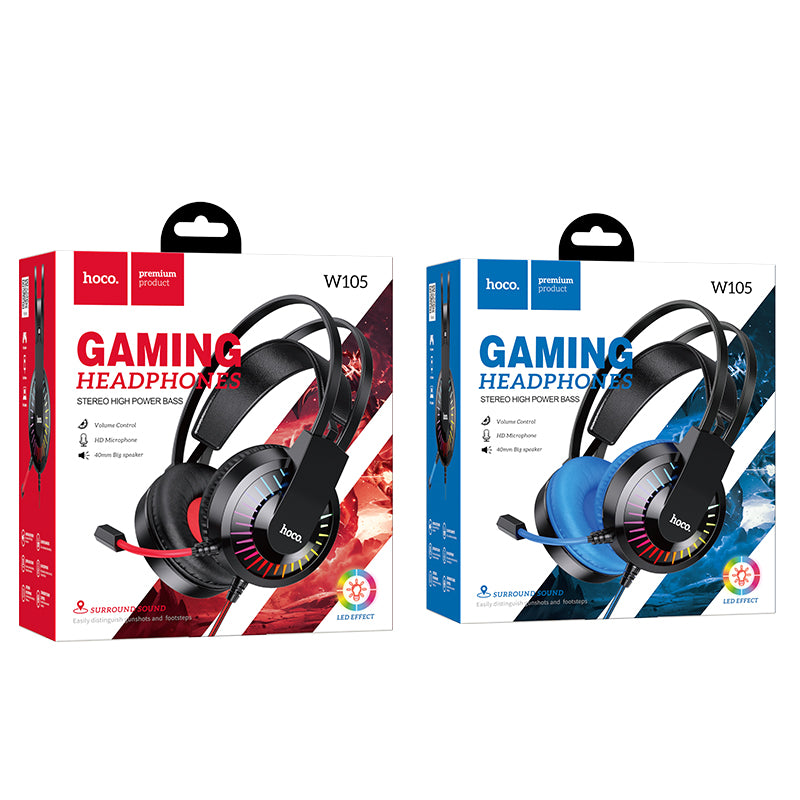 W105 Gaming Headset Stereo High Power Bass (Black, Red Color) - hocotech