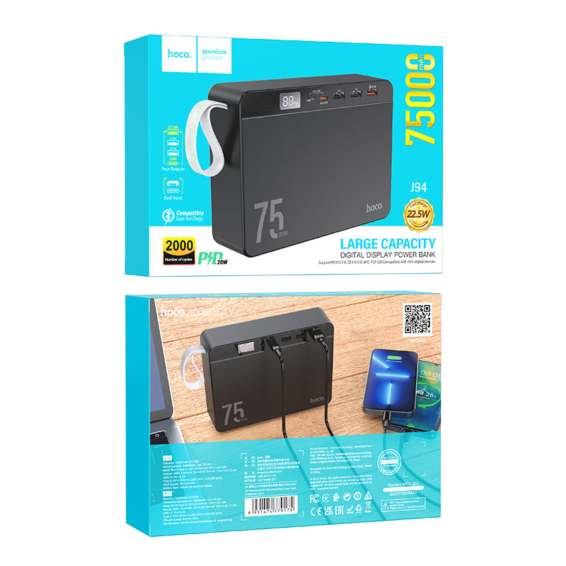 J94 Overlord Large Capacity 22.5W Fully Compatible Power Bank 75000mAh Black Color - hocotech