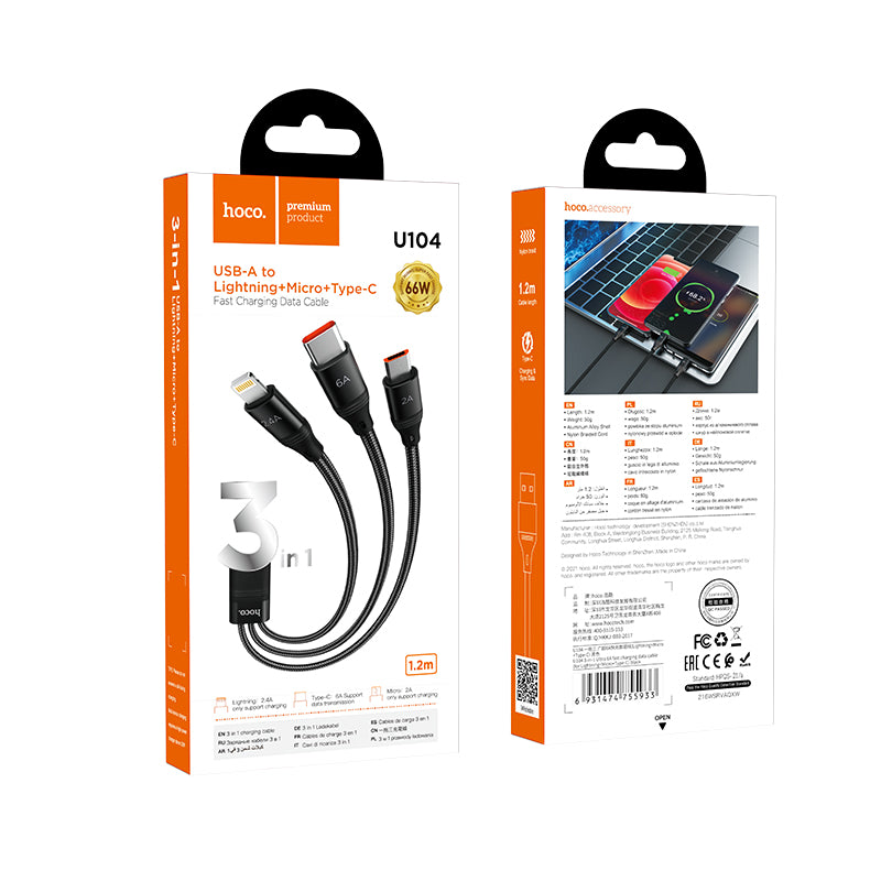 U104 3-in-1 Ultra 6A Fast Charging Data Cable for iP+Micro+Type-C - hocotech