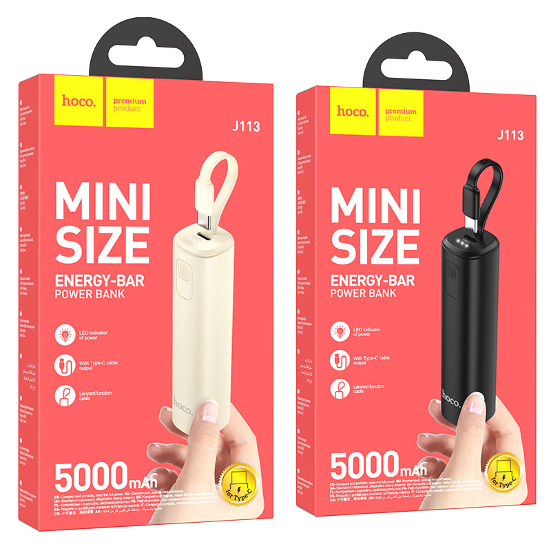 J113 Energy Bar Wired Power Bank Type-C 5000mAh (Black, White Color) - hocotech