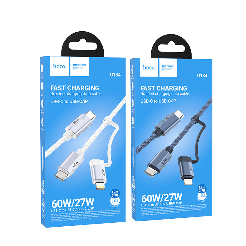 U134 Primero 2-in-1 Fast Charging Braided Data Cable Type-C to Type-CiP (L=1.2M) - hocotech
