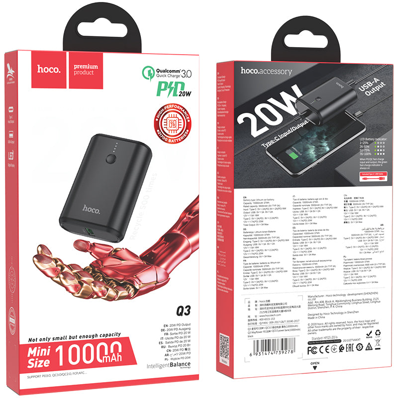 Q3 Mayflower Mini Size PD20W+QC3.0 Power Bank 10000mAh Type-C - hocotech