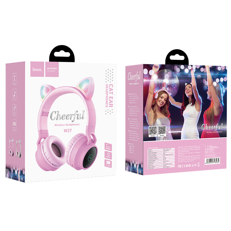 W27 Cheerful Wireless Cat Ear Headphones Pink - hocotech