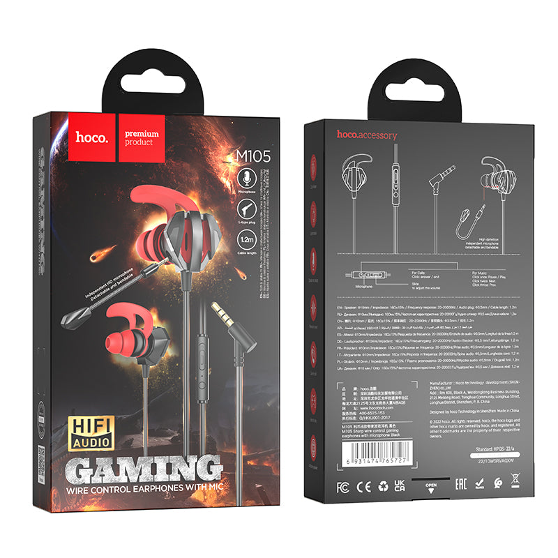 M105 Sharp Wire Control Gaming Earphones with Microphone Black Color - hocotech