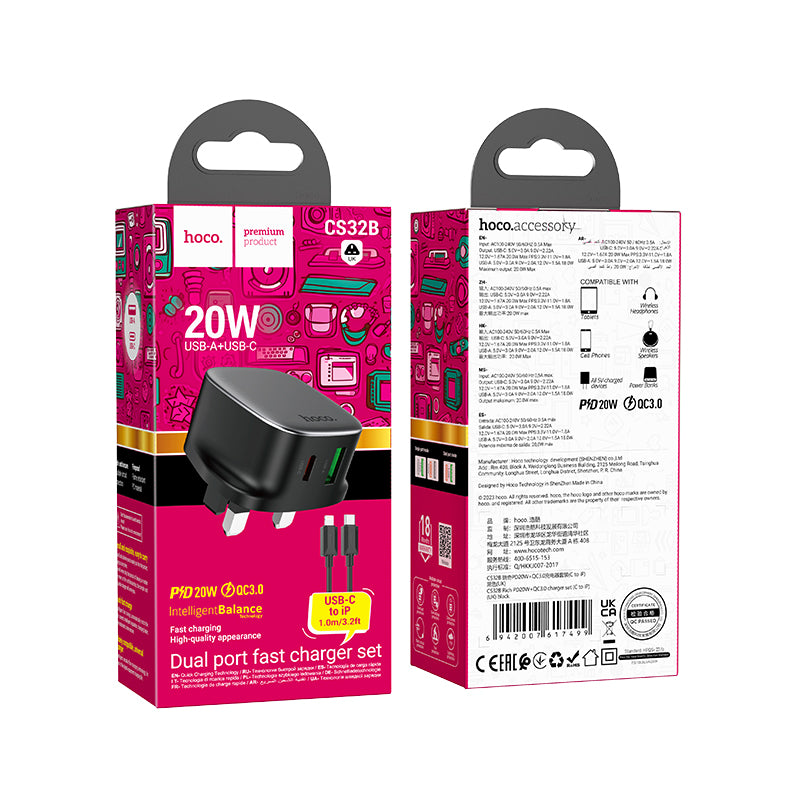 CS32B Rich PD20W+QC3.0 Charger Set (C to iP) (UK) - hocotech