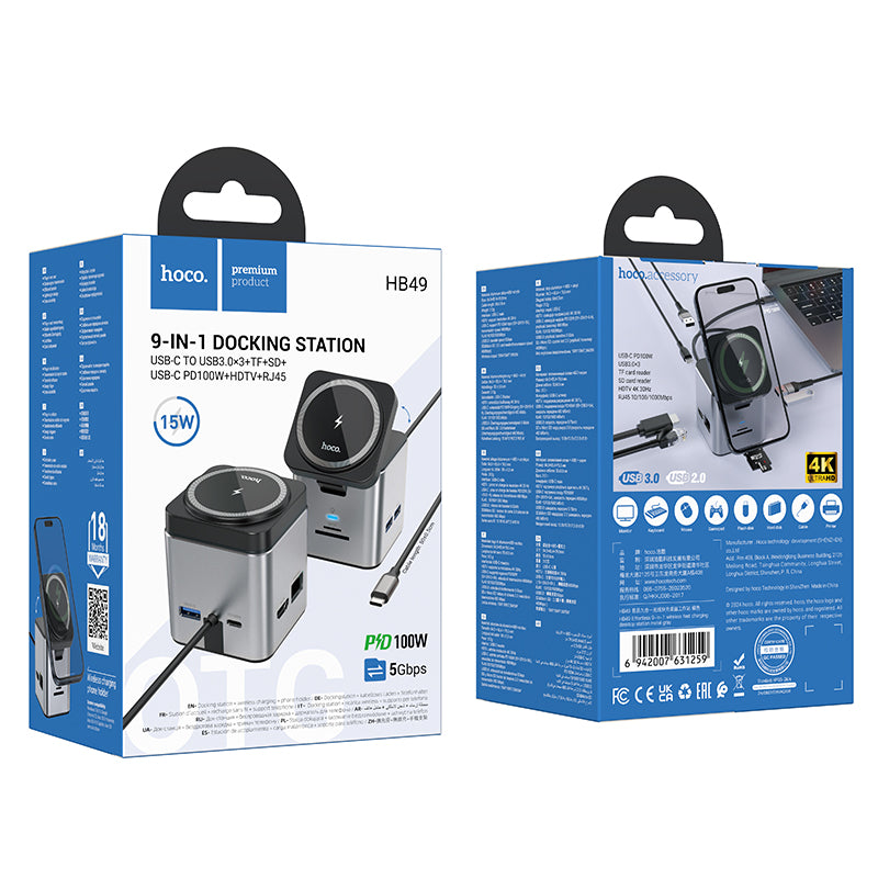 HB49 Effortless 9-in-1 Wireless Fast Charging Desktop Station Metal Gray Color - hocotech