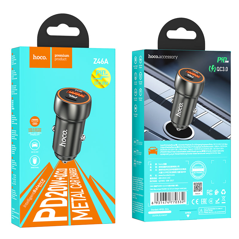 Z46A Blue Whale PD20W+QC3.0 Сar Сharger Metal Gray - hocotech