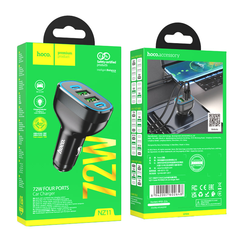 NZ11 Guide PD72W Four Ports (2C2A) Car Charger Black Color - hocotech