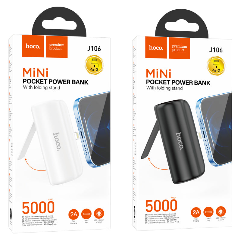 J106 Pocket Power Bank with Folding Stand iP 5000mAh (Black, White Color) - hocotech