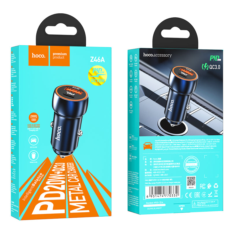 Z46A Blue Whale PD20W+QC3.0 Сar Сharger Metal Gray - hocotech