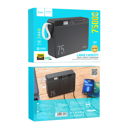 J94 Overlord Large Capacity 22.5W Fully Compatible Power Bank 75000mAh Black Color - hocotech