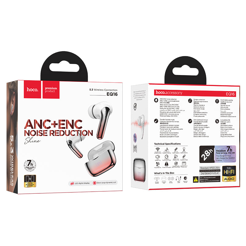 EQ16 Shine true wireless ANC+ENC Noise Reduction BT Headset (Black, Red, Blue, Purple Glaze Color) - hocotech