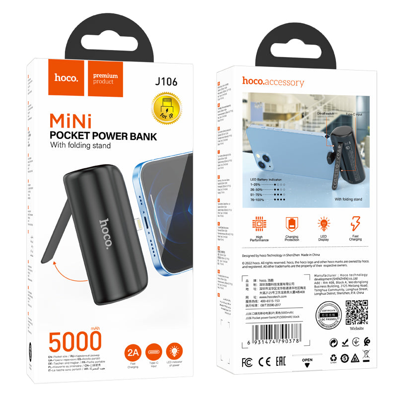 J106 Pocket Power Bank with Folding Stand iP 5000mAh (Black, White Color) - hocotech
