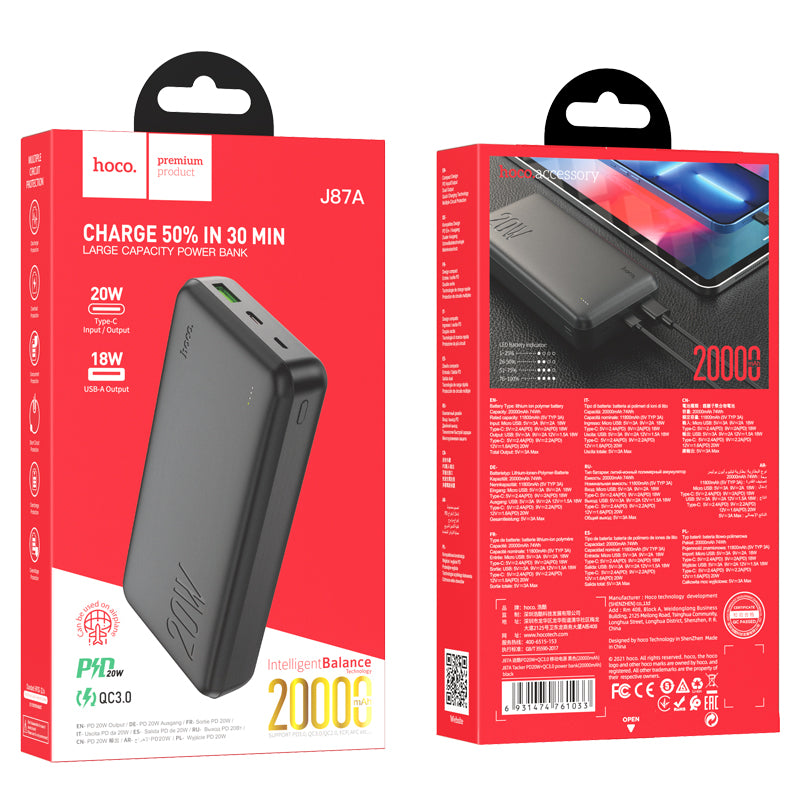 J87A Tacker Large Capacity Power Bank PD20W+QC3.0 20000mAh (Black, White Color) - hocotech