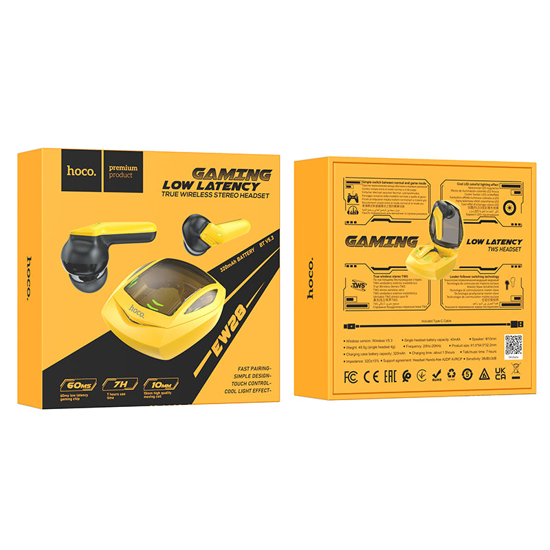 EW28 Magic True Wireless Bluetooth Gaming Headset (Black, Yellow Color) - hocotech