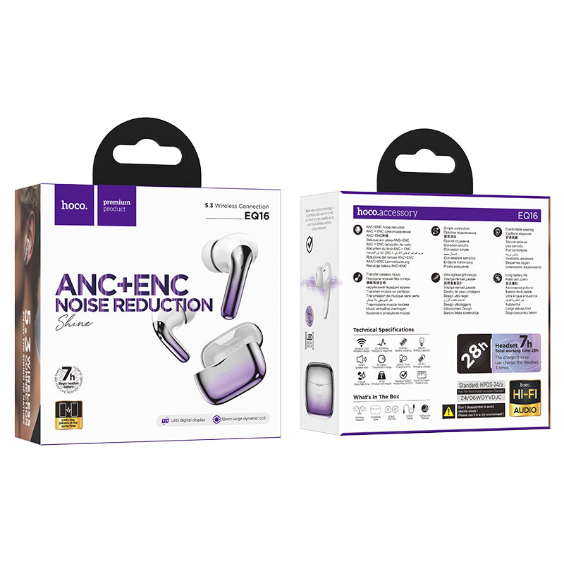 EQ16 Shine true wireless ANC+ENC Noise Reduction BT Headset (Black, Red, Blue, Purple Glaze Color) - hocotech
