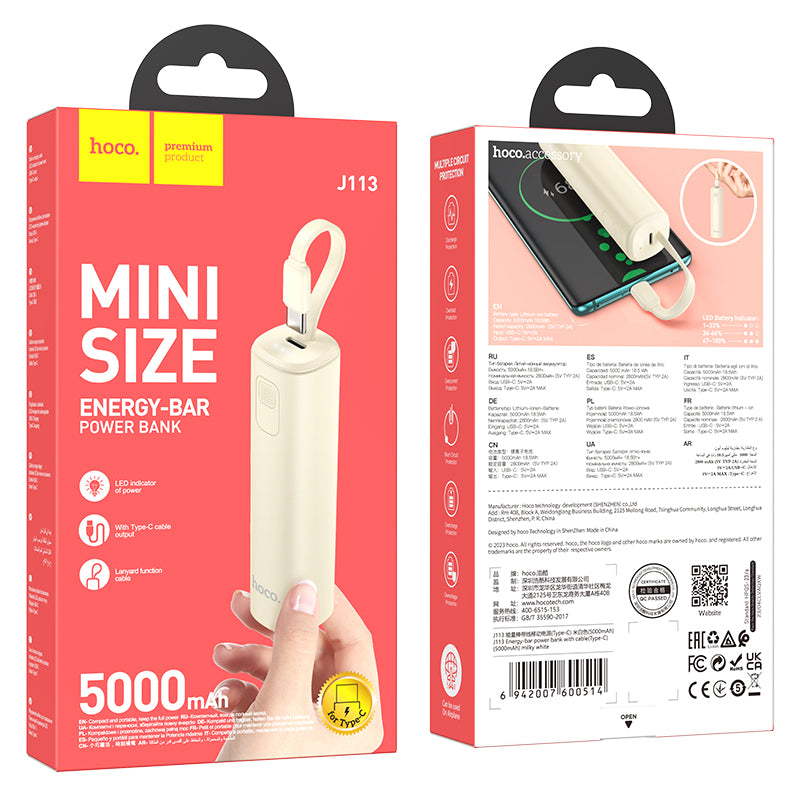 J113 Energy Bar Wired Power Bank Type-C 5000mAh (Black, White Color) - hocotech