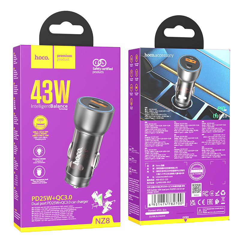 NZ8 Sprinter 43W Dual Port PD25W + QC3.0 Car Phone Charger - hocotech