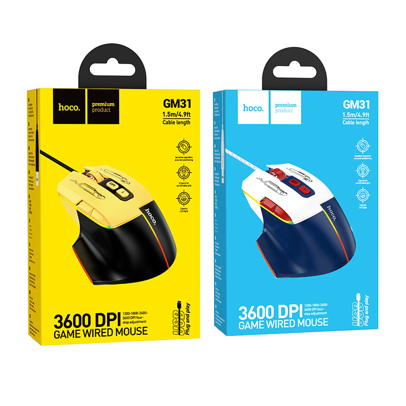 GM31 Overlord Luminous Gaming Wired Mouse (Black&Yellow, Blue&White Color) - hocotech