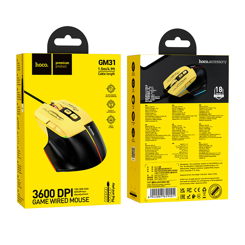 GM31 Overlord Luminous Gaming Wired Mouse (Black&Yellow, Blue&White Color) - hocotech
