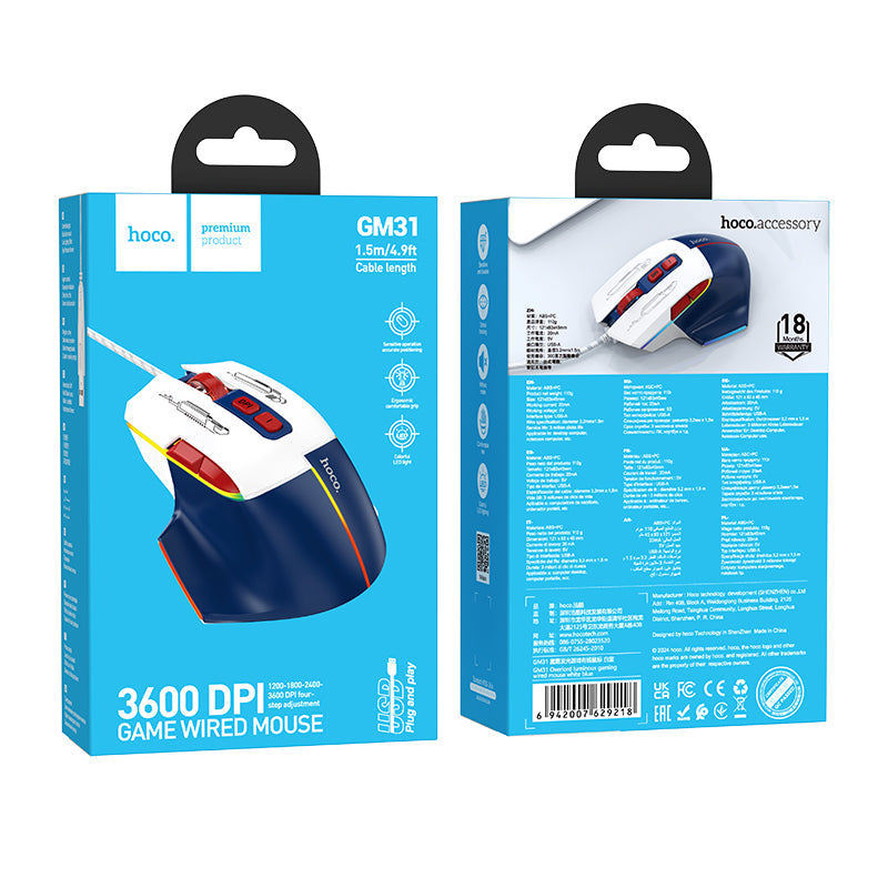 GM31 Overlord Luminous Gaming Wired Mouse (Black&Yellow, Blue&White Color) - hocotech